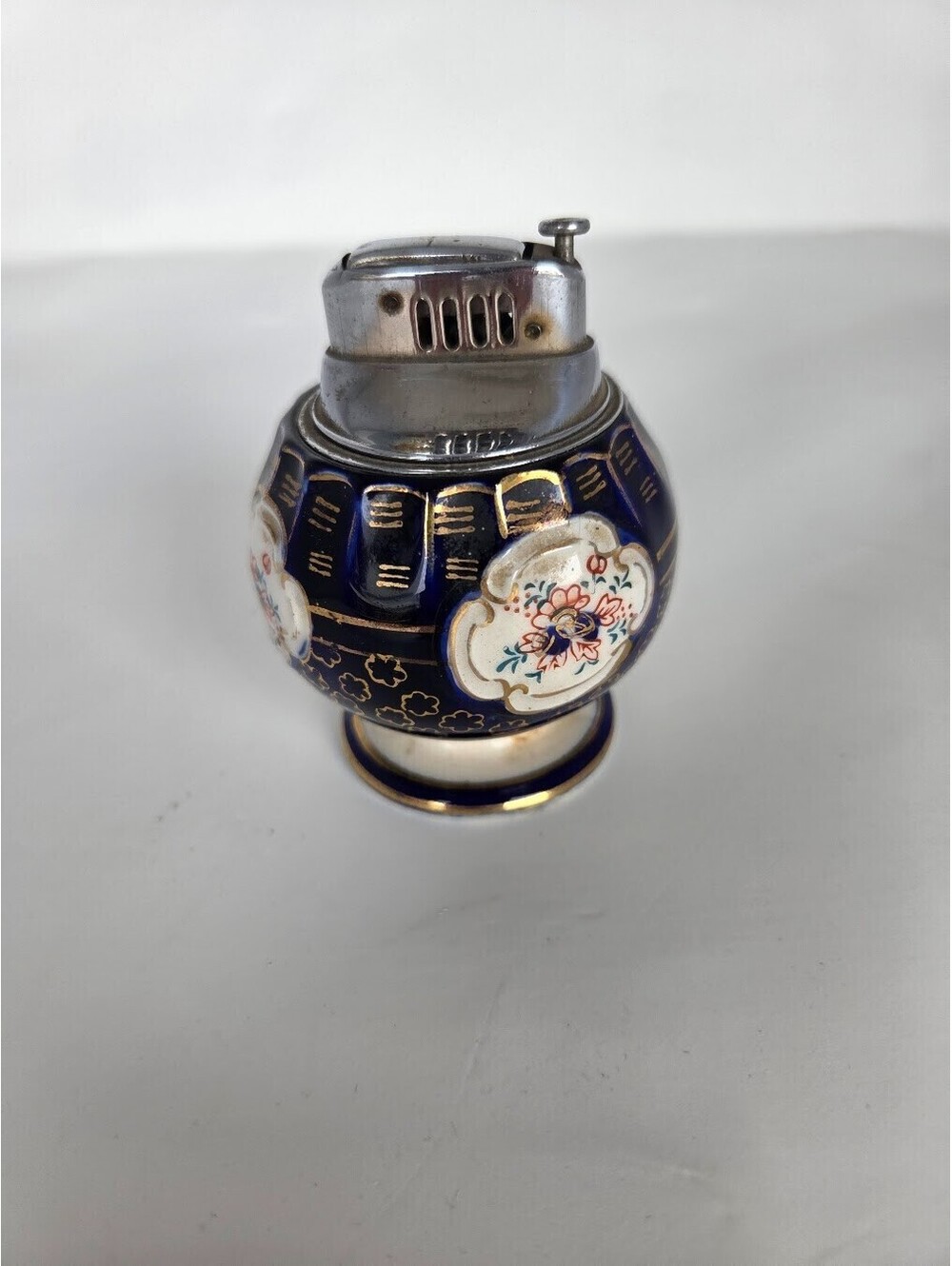 Vintage Table Lighter Cobalt Blue Enamel Floral Japanese Style Porcelain